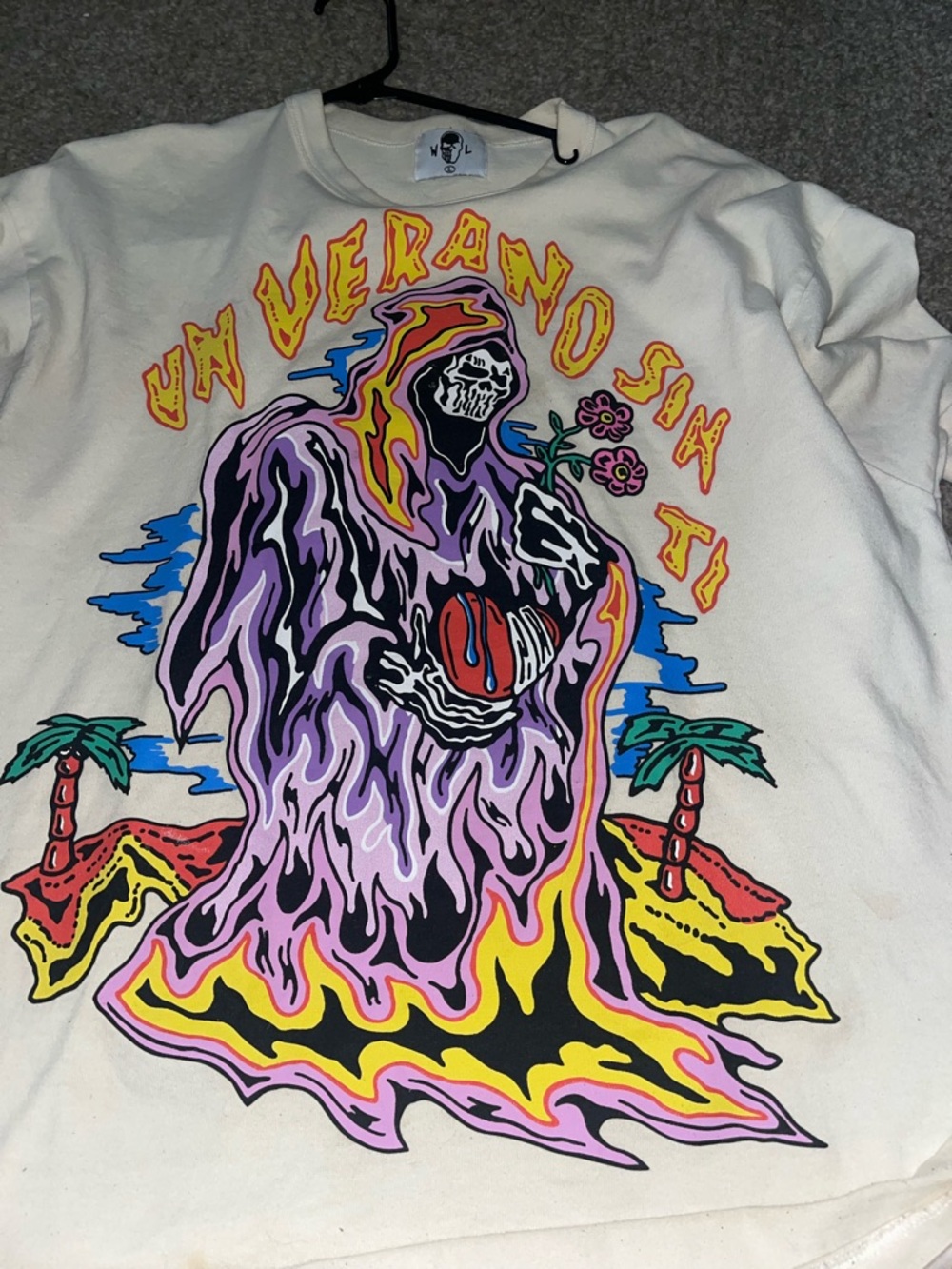 Graphic Cream Sweatshirt with Colorful Grim Reaper Design